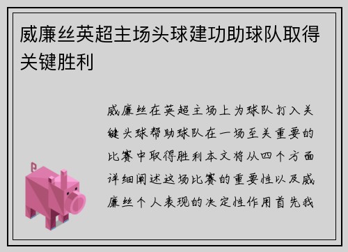 威廉丝英超主场头球建功助球队取得关键胜利