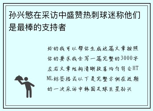 孙兴慜在采访中盛赞热刺球迷称他们是最棒的支持者
