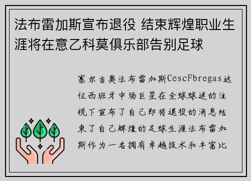法布雷加斯宣布退役 结束辉煌职业生涯将在意乙科莫俱乐部告别足球